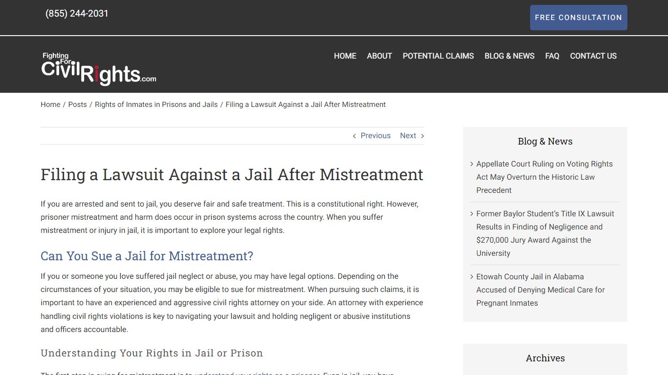 Filing a Lawsuit Against a Jail After Mistreatment | Civil Rights